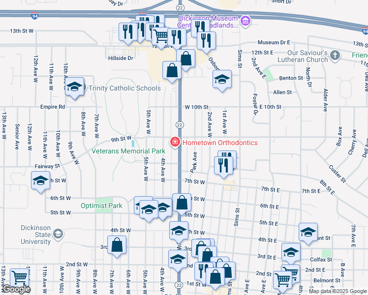 map of restaurants, bars, coffee shops, grocery stores, and more near 848 3rd Avenue West in Dickinson