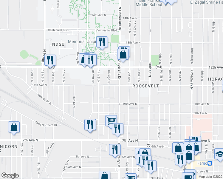 map of restaurants, bars, coffee shops, grocery stores, and more near 1033 College Street North in Fargo