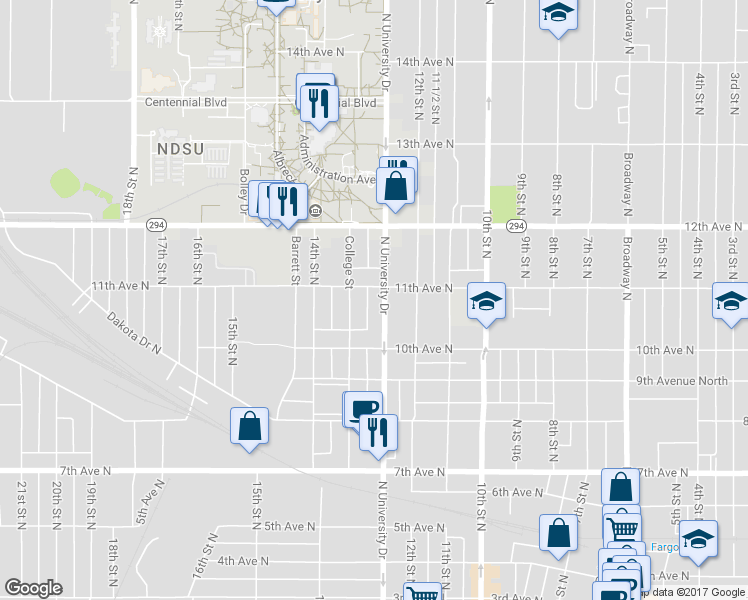 map of restaurants, bars, coffee shops, grocery stores, and more near 1224 11th Avenue North in Fargo