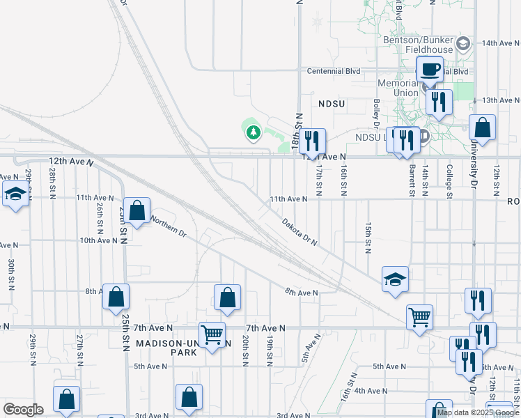 map of restaurants, bars, coffee shops, grocery stores, and more near 1900 Dakota Drive North in Fargo