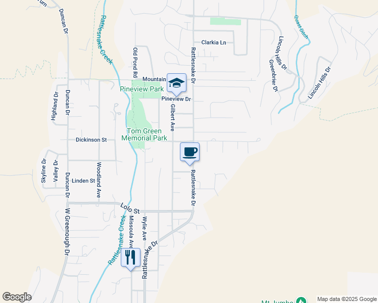 map of restaurants, bars, coffee shops, grocery stores, and more near 2525 Rattlesnake Drive in Missoula