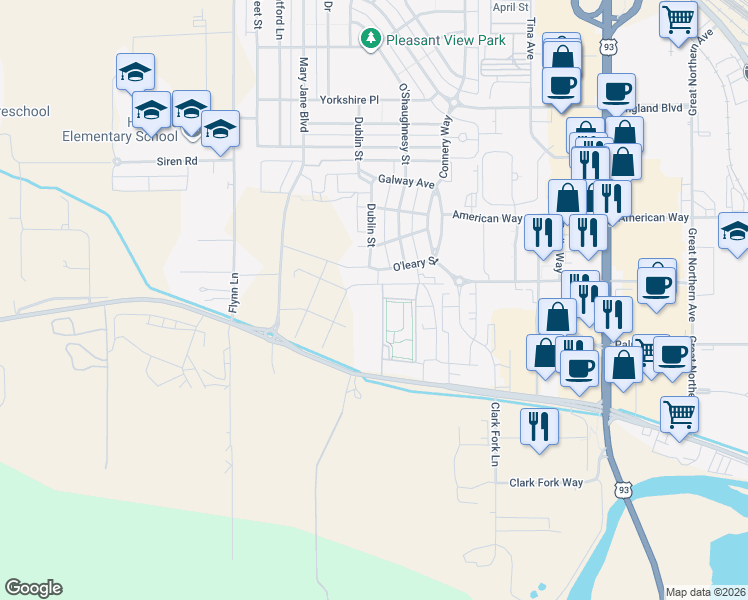map of restaurants, bars, coffee shops, grocery stores, and more near Dublin Street in Missoula