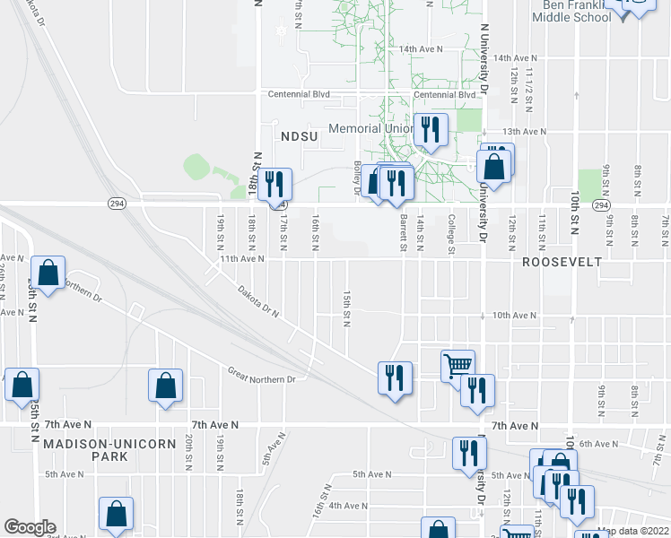 map of restaurants, bars, coffee shops, grocery stores, and more near 1510 11th Avenue North in Fargo