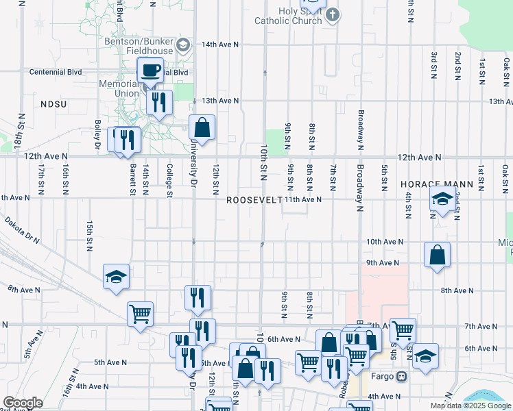 map of restaurants, bars, coffee shops, grocery stores, and more near 1026 10th Street North in Fargo