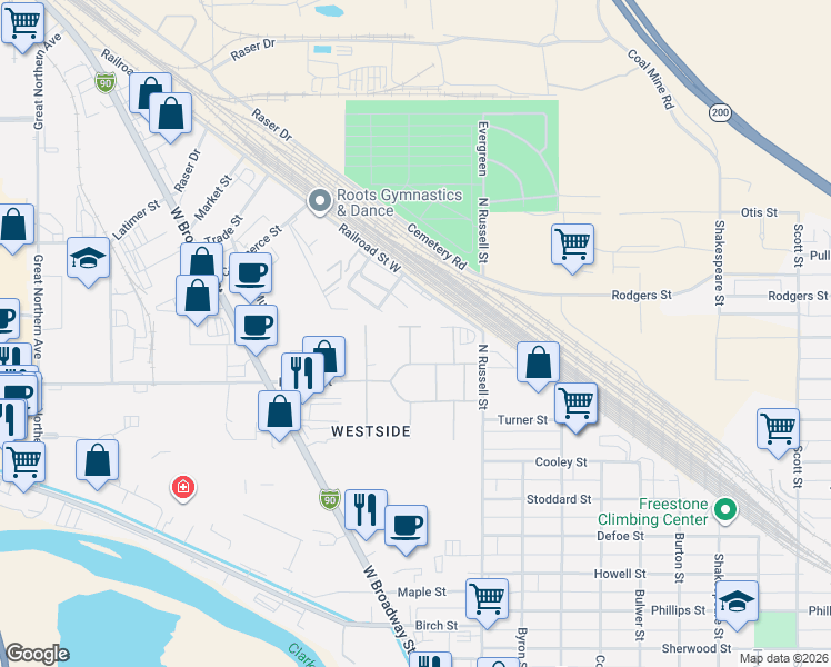 map of restaurants, bars, coffee shops, grocery stores, and more near 426 North Surrey Street in Missoula