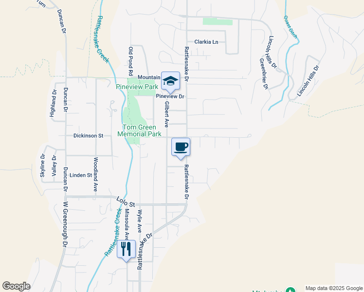 map of restaurants, bars, coffee shops, grocery stores, and more near 2525 Rattlesnake Drive in Missoula