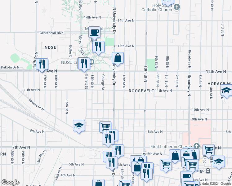map of restaurants, bars, coffee shops, grocery stores, and more near 1224 11th Avenue North in Fargo