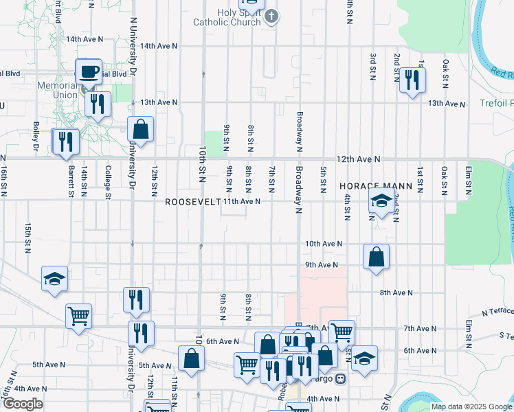 map of restaurants, bars, coffee shops, grocery stores, and more near 716 11th Avenue North in Fargo