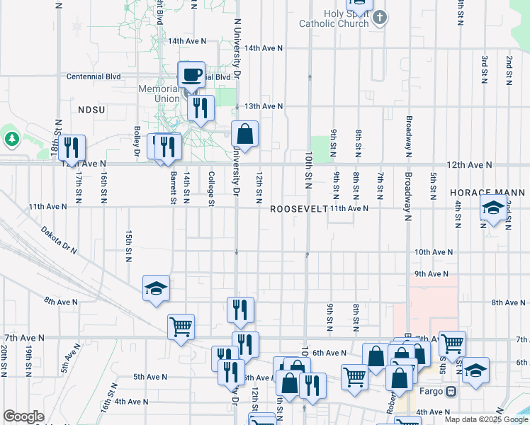 map of restaurants, bars, coffee shops, grocery stores, and more near 1045 12th Street North in Fargo