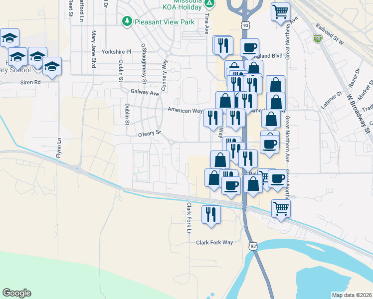 map of restaurants, bars, coffee shops, grocery stores, and more near 2570 Clark Fork Lane in Missoula