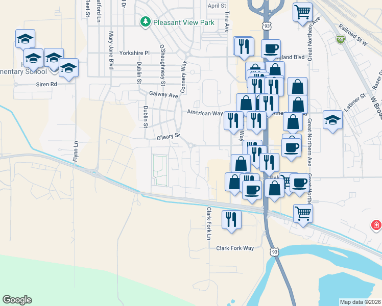 map of restaurants, bars, coffee shops, grocery stores, and more near 2570 Clark Fork Lane in Missoula