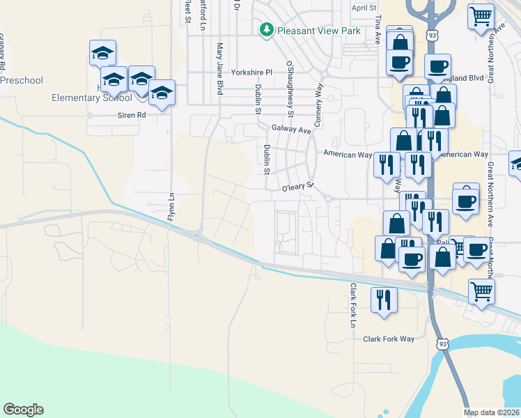 map of restaurants, bars, coffee shops, grocery stores, and more near Dublin Street in Missoula