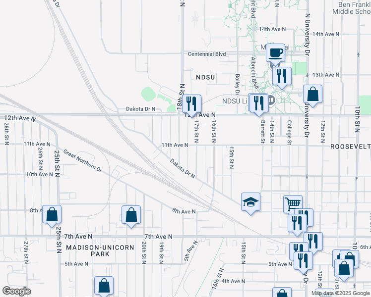 map of restaurants, bars, coffee shops, grocery stores, and more near 1710 11th Avenue North in Fargo