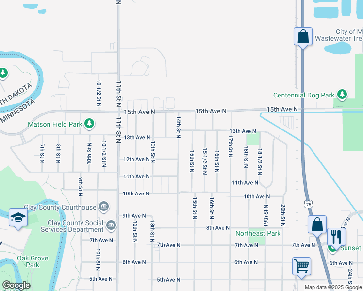 map of restaurants, bars, coffee shops, grocery stores, and more near 1212 14th Street North in Moorhead