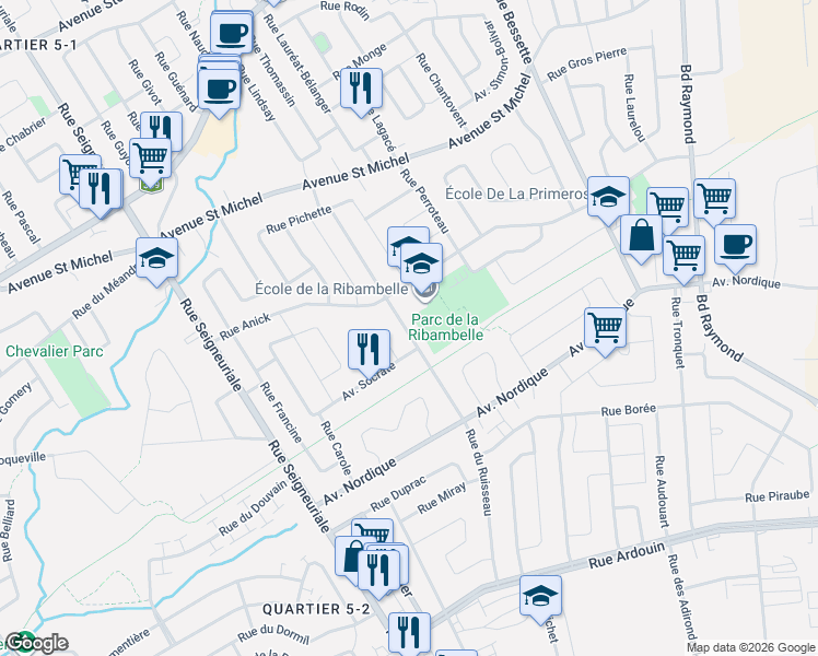 map of restaurants, bars, coffee shops, grocery stores, and more near 416 Rue du Ruisseau in Québec