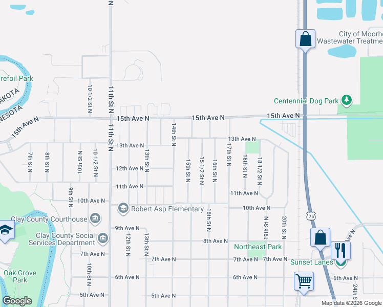 map of restaurants, bars, coffee shops, grocery stores, and more near 1220 15th Street North in Moorhead