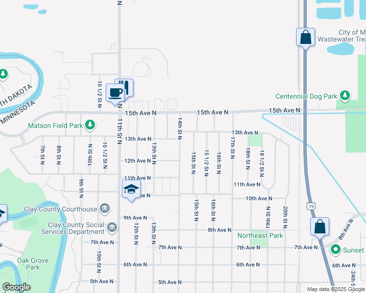 map of restaurants, bars, coffee shops, grocery stores, and more near 1212 14th Street North in Moorhead