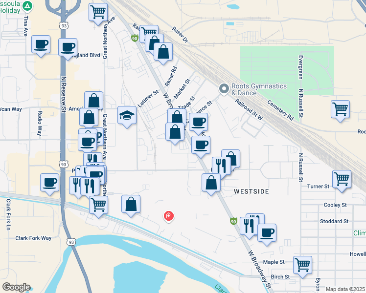 map of restaurants, bars, coffee shops, grocery stores, and more near 2505 West Broadway Street in Missoula
