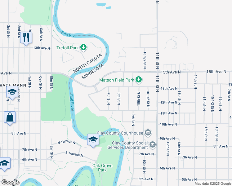 map of restaurants, bars, coffee shops, grocery stores, and more near 1209 8th Street North in Moorhead