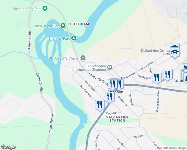 map of restaurants, bars, coffee shops, grocery stores, and more near 32 Chemin de Gosford in Shannon