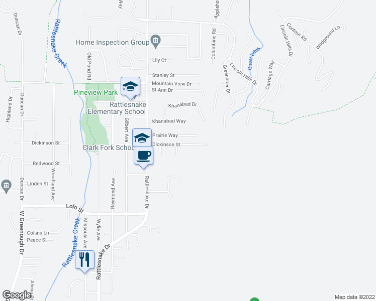 map of restaurants, bars, coffee shops, grocery stores, and more near 1501 Dickinson Street in Missoula