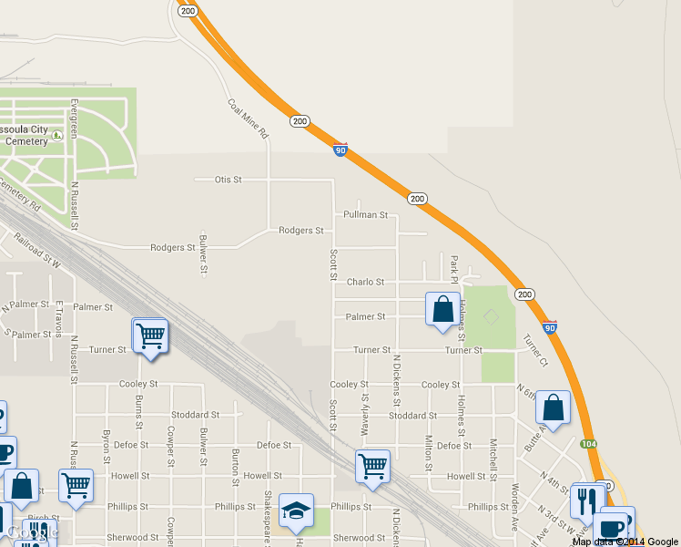 map of restaurants, bars, coffee shops, grocery stores, and more near 1702 Scott Street in Missoula