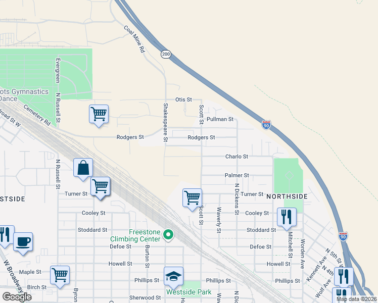 map of restaurants, bars, coffee shops, grocery stores, and more near 1701-1799 Scott Street in Missoula