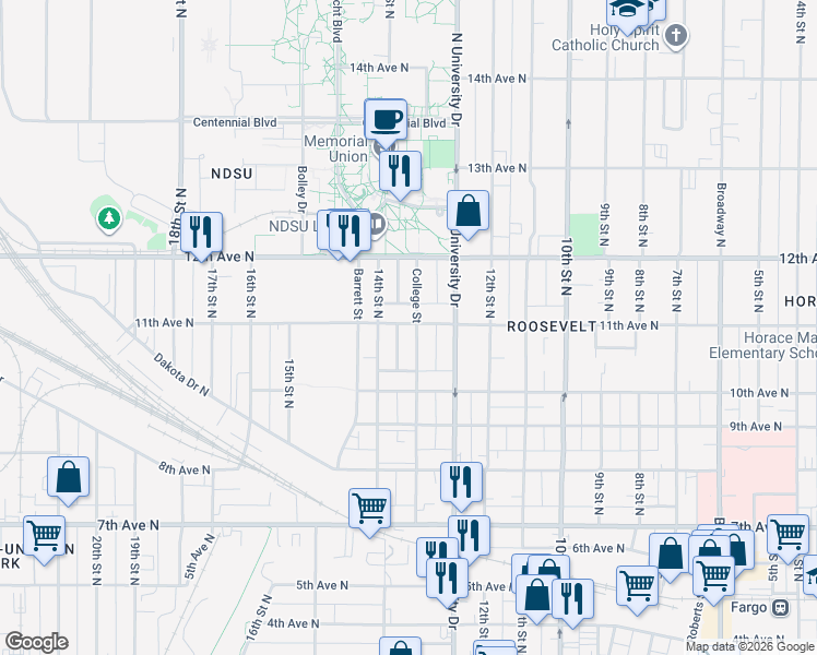 map of restaurants, bars, coffee shops, grocery stores, and more near 1041 College Street North in Fargo