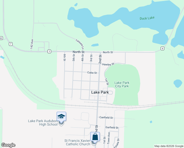 map of restaurants, bars, coffee shops, grocery stores, and more near 202 Cuba Street in Lake Park