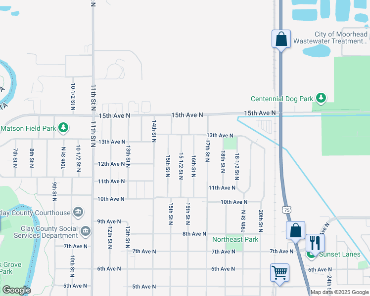 map of restaurants, bars, coffee shops, grocery stores, and more near 1224 15 1/2 St N in Moorhead