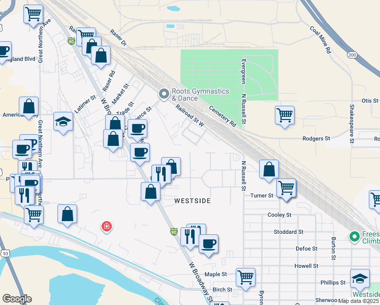 map of restaurants, bars, coffee shops, grocery stores, and more near 2 North Travois in Missoula