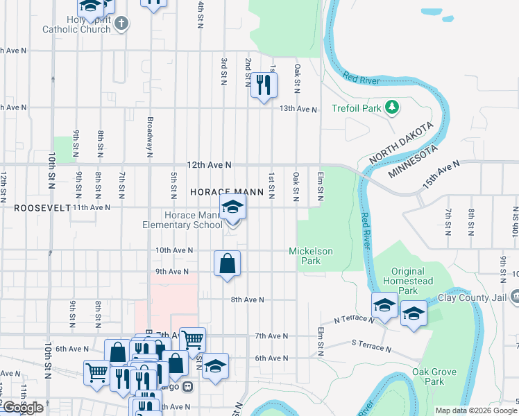 map of restaurants, bars, coffee shops, grocery stores, and more near 150 11th Avenue North in Fargo