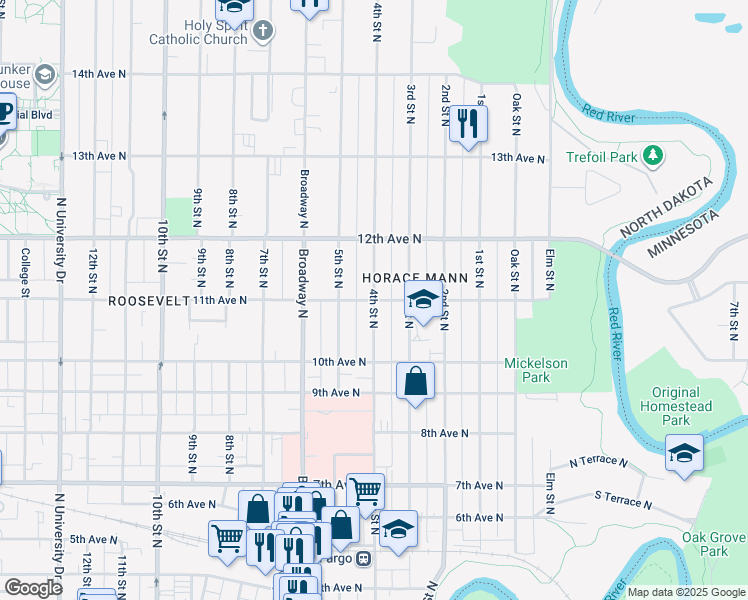 map of restaurants, bars, coffee shops, grocery stores, and more near 4th Street North in Fargo