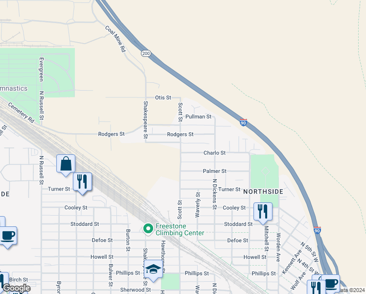 map of restaurants, bars, coffee shops, grocery stores, and more near 1702 Scott Street in Missoula