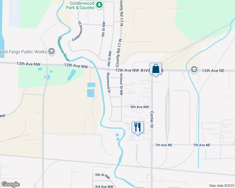 map of restaurants, bars, coffee shops, grocery stores, and more near 403 9th Avenue Northwest in West Fargo