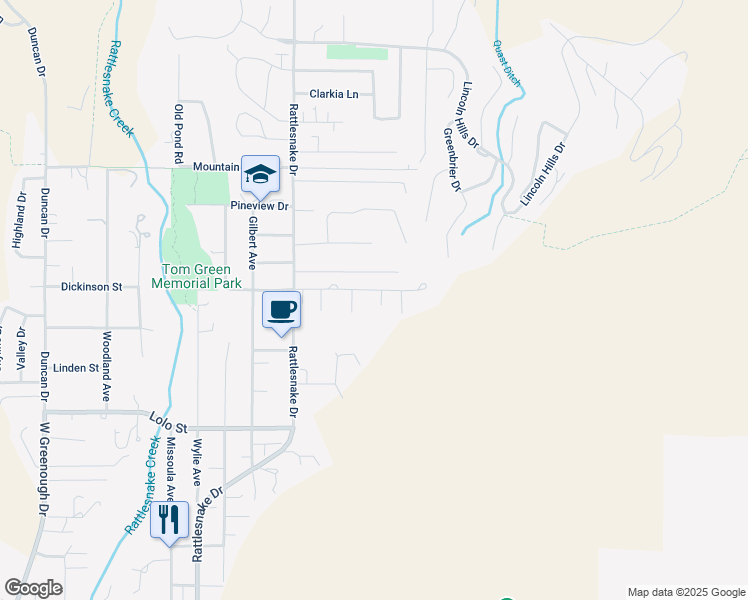 map of restaurants, bars, coffee shops, grocery stores, and more near 1501 Dickinson Street in Missoula