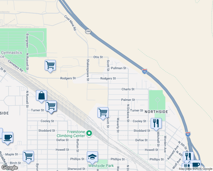 map of restaurants, bars, coffee shops, grocery stores, and more near 1702 Scott Street in Missoula