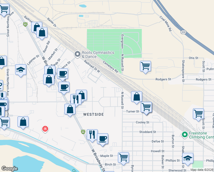 map of restaurants, bars, coffee shops, grocery stores, and more near 426 North Surrey Street in Missoula
