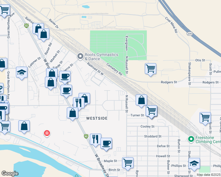 map of restaurants, bars, coffee shops, grocery stores, and more near 426 North Surrey Street in Missoula