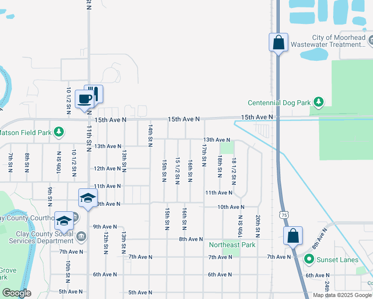 map of restaurants, bars, coffee shops, grocery stores, and more near 1224 15 1/2 Street North in Moorhead