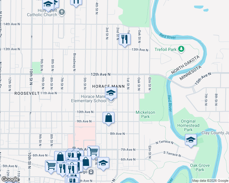 map of restaurants, bars, coffee shops, grocery stores, and more near 150-198 11th Avenue North in Fargo