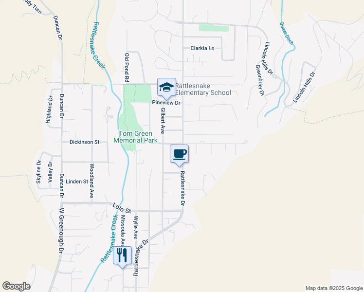 map of restaurants, bars, coffee shops, grocery stores, and more near 2598 Rattlesnake Drive in Missoula
