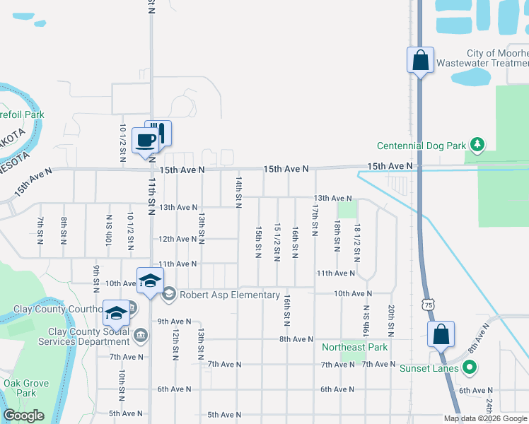 map of restaurants, bars, coffee shops, grocery stores, and more near 1220 15th Street North in Moorhead