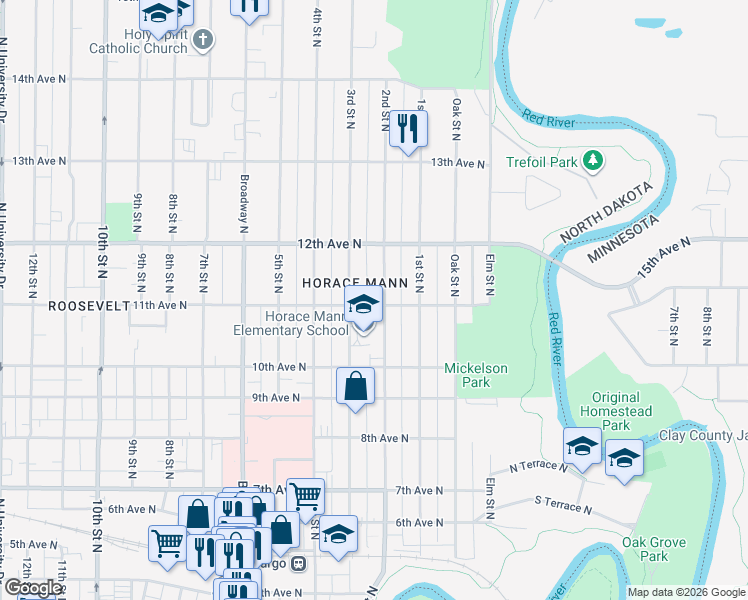 map of restaurants, bars, coffee shops, grocery stores, and more near 150-198 11th Avenue North in Fargo
