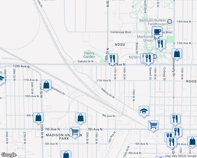 map of restaurants, bars, coffee shops, grocery stores, and more near 1817 11th Avenue North in Fargo