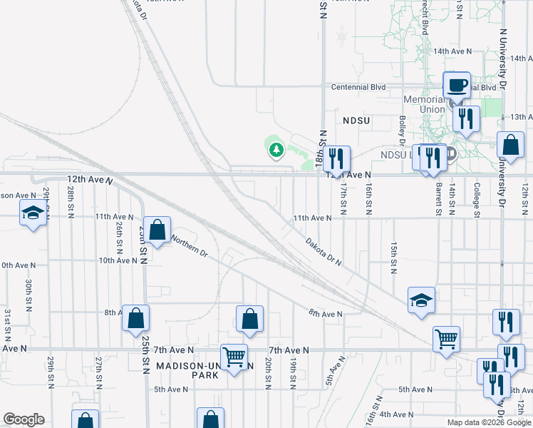 map of restaurants, bars, coffee shops, grocery stores, and more near 1930 Dakota Drive North in Fargo