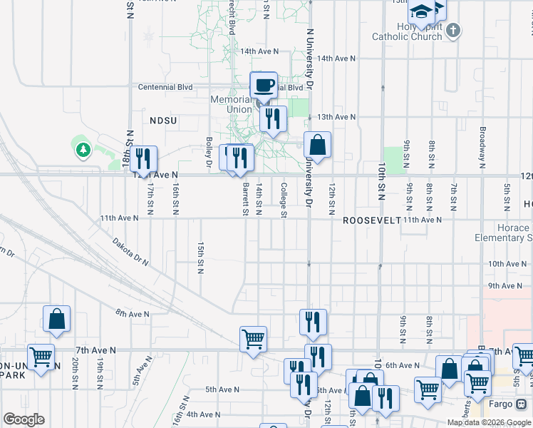 map of restaurants, bars, coffee shops, grocery stores, and more near 1041 14th Street North in Fargo