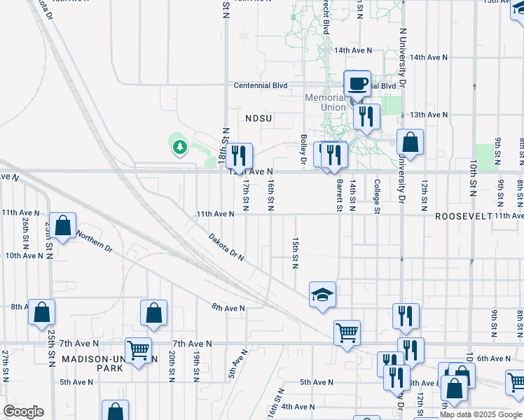 map of restaurants, bars, coffee shops, grocery stores, and more near 1614 11th Avenue North in Fargo