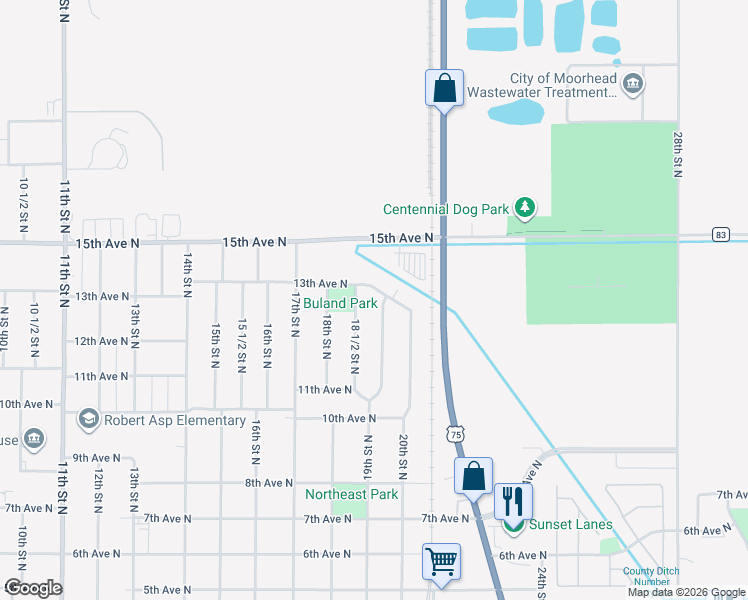 map of restaurants, bars, coffee shops, grocery stores, and more near 1239 19th Street North in Moorhead