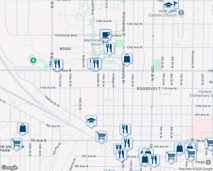 map of restaurants, bars, coffee shops, grocery stores, and more near 1041 14th Street North in Fargo